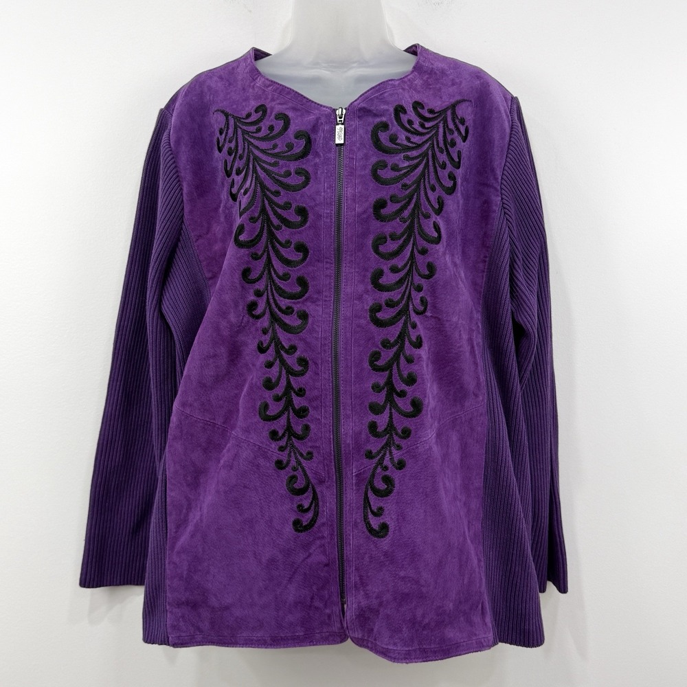 Bob Mackie Suede Leather Jacket 2X Purple NWT Embroidery Art To Wear Western